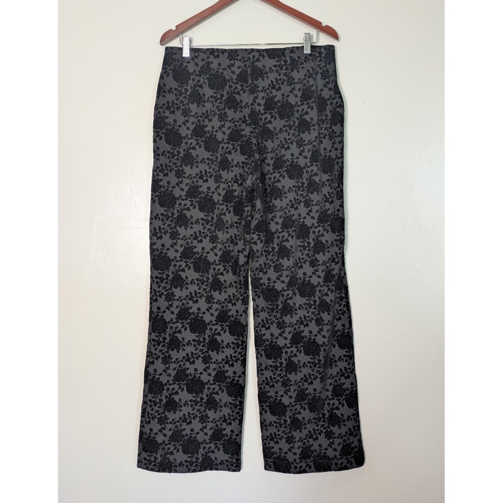 Rachel Zoe Floral Pants‎ Size L Gray Black Wide Leg Women's Flocked Textured